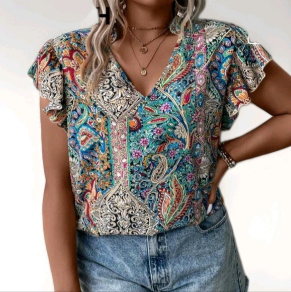 Luneh Tops - Luneh Paisley Print Butterfly Sleeve Top 1x (14)